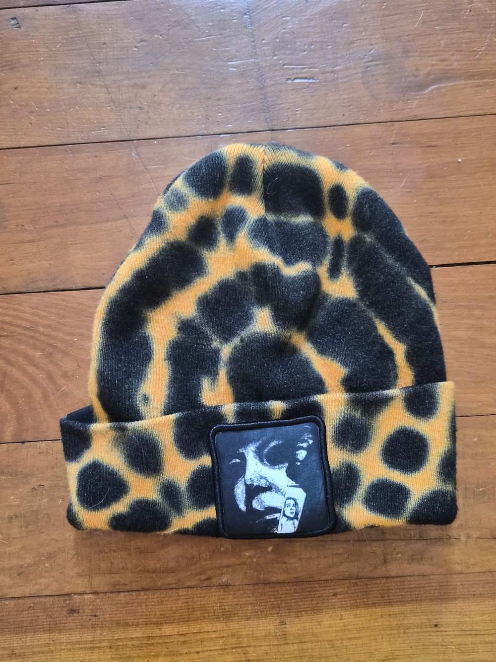 Tie Dyed Print Beanie with Face Patch - Black & Mustard